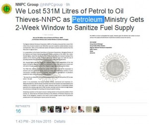 NNPC lost N50bn [531mn litres of petrol] in 9 months