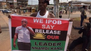 A banner held by one of the supporters of Biafra, IPOB during one of the several protests by Biafra agitators in Nigeria. The protesters demand for the release of Nnamdi Kanu