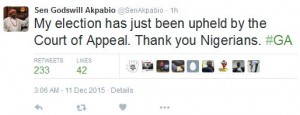 Godswill Akpabio tweets on the outcome of the election petition at the Appeal Court