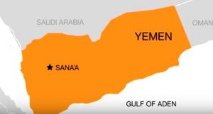 Map showing Yemen, Gulf of Aden, Oman, Saudi Arabia, Sana'a