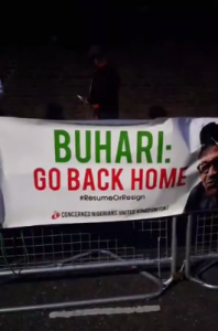 Protesters in London, United Kingdom, saying that President Buhari should return to Nigeria, 18th August 2017
