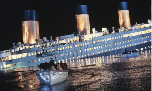 Titanic sinks and some people escape in lifeboats in a still from the film Titanic. Photo: VCG / Global Times