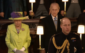 The Queen of England and Prince Philip, with Prince William in front at the wedding between Meghan Markle and Prince Harry at Windsor Castle, 19 May 2018