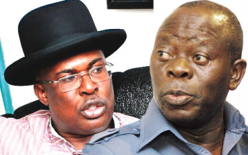Bayelsa state ex-Governor Timipre Sylva (left) and Edo state Governor Adams Oshiomhole (right)