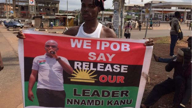 A banner held by one of the supporters of Biafra, IPOB during one of the several protests by Biafra agitators in Nigeria. The protesters demand for the release of Nnamdi Kanu