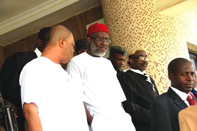 Olisa Metuh [wearing a red cap) appeared in court on Friday, 15 January 2016