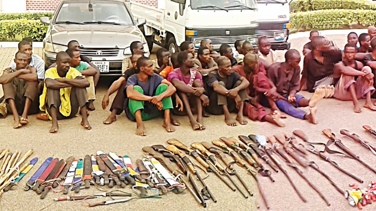 Suspected Fulani herdsmen who were arrested with a range of lethal weapons were paraded by the Guards Brigade in Abuja, 18 April 2016. (Image credit Karls Tsokar / Guardian [Nigeria])