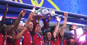 Portugal national team players celebrating win the UEFA Euro 2016 trophy, Sunday, 10 July 2016