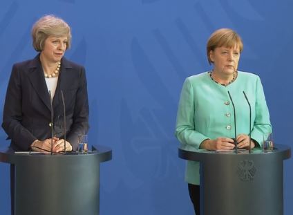 Theresa May (L) and Angela Merkel, in Germany, the 20th July 2016