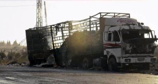 Syria crisis: This image is a blown up truck in Syria where the battle for the control of the country has caused enormous damage