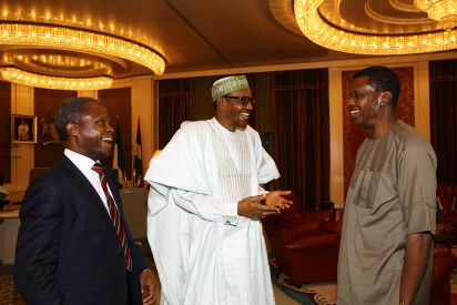 President Buhari (C) and Vice President Osinbajo (L) receives Adeboye (R) in Aso Rock, 16th February 2016