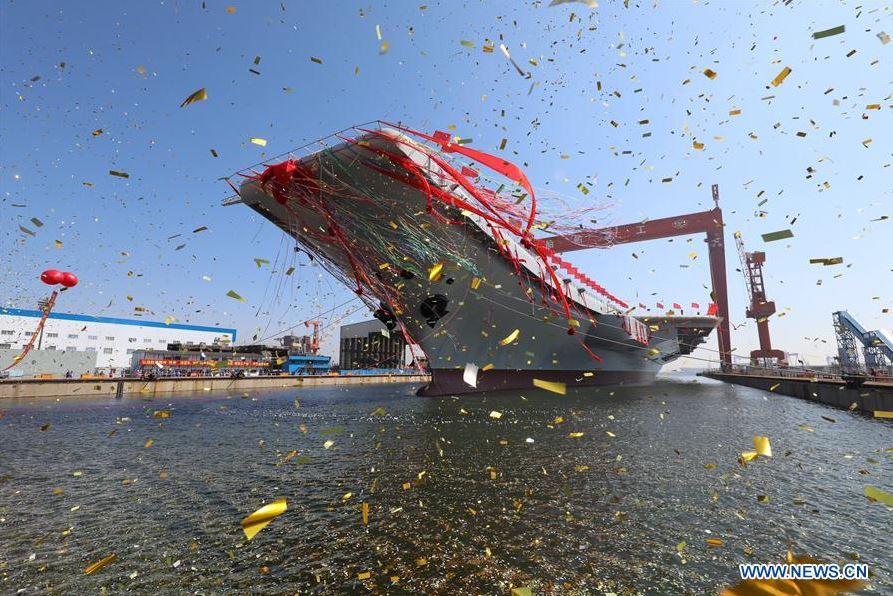 The new carrier, the first domestically-built one, came after the Liaoning, a refitted former Soviet Union-made carrier that was put into commission in the Chineses Navy. (Xinhua/Li Gang)