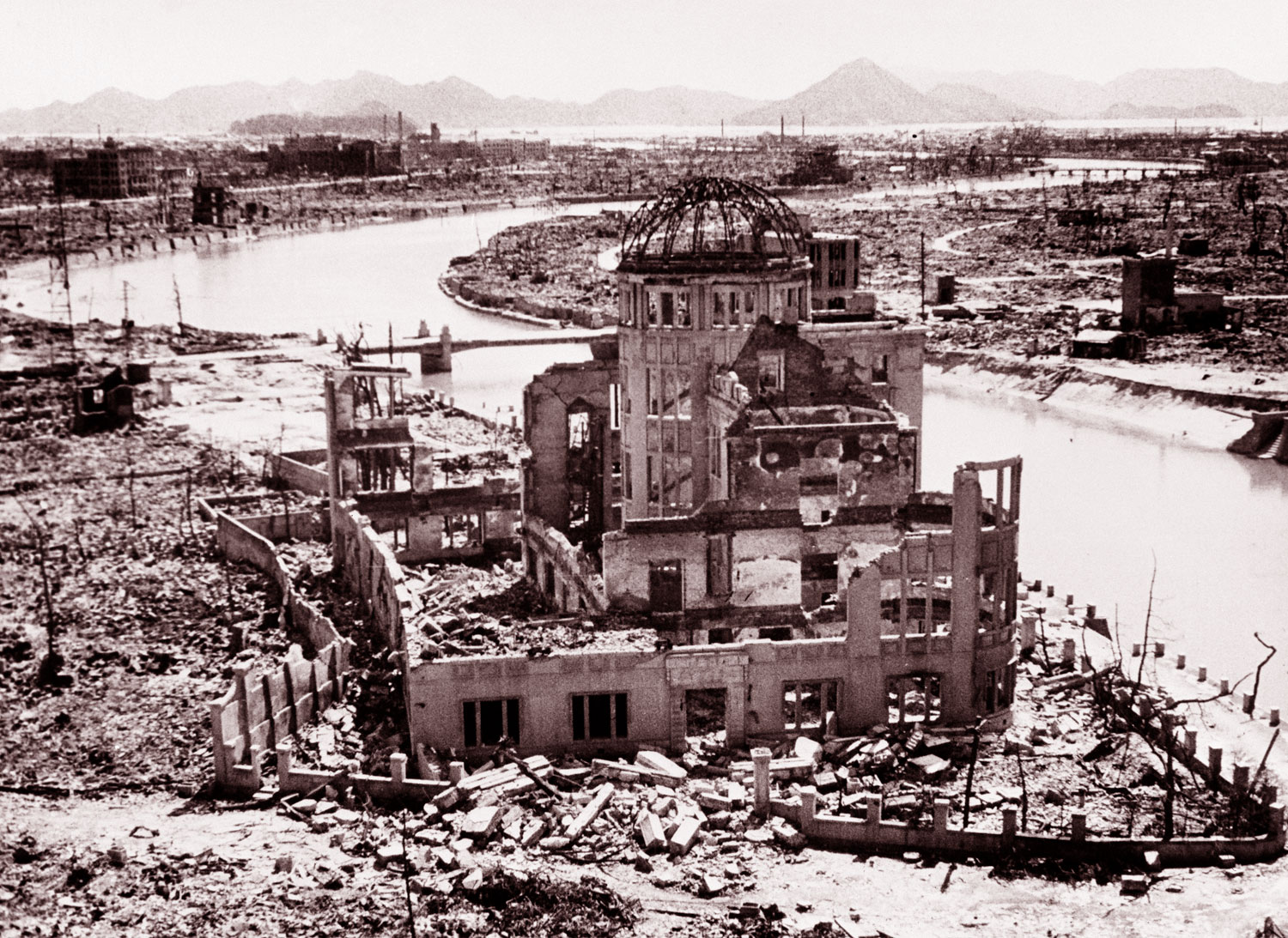 The remains of the Prefectural Industry Promotion Building, later preserved as a monument - known as the Genbaku Dome - at the Hiroshima Peace Memorial. (Image credit United Nations)