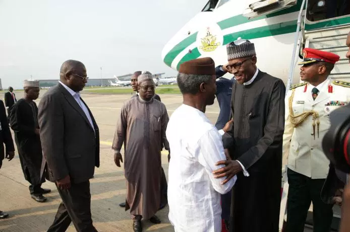 President Buhari, who spent 105 days' in the UK on medical grounds was received/welcomed to his home country by Vice President Yemi Osinbajo, 19/08/2017