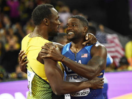 Usain Bolt (L) and Justin Gatlin (R) after the 100m final in London, 5th August 2017. (Image source Sky Sports)