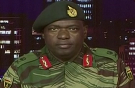Zimbabwe: Maj Gen Sibusiso Moyo reading out a statement on national TV, 15th November 2017