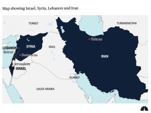 Map showing Israel, Syria, Lebanon, Iran, Turkey, Israel, Saudi (Image credit NBC News)