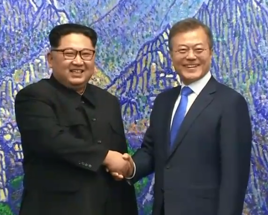 North Korea Leader Kim Jong-Un (L) and South Korean President Moon Jae-In meet in Panmunjom on Friday 27 April 2018
