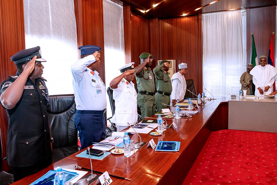President Buhari at Aso Rock, Abuja, with security chiefs. (Image credit Facebook/Femi Adesina)