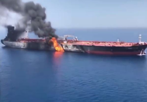 Allegedly attacked oil tanker burns in Gulf Of Oman, June 13, 2019