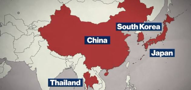 Map showing China, Japan, Thailand, and South Korea