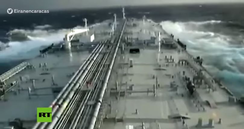 Iranian-flagged tanker named ‘Fortune’ as it journeyed to Venezuela. (Screenshot of RT video)
